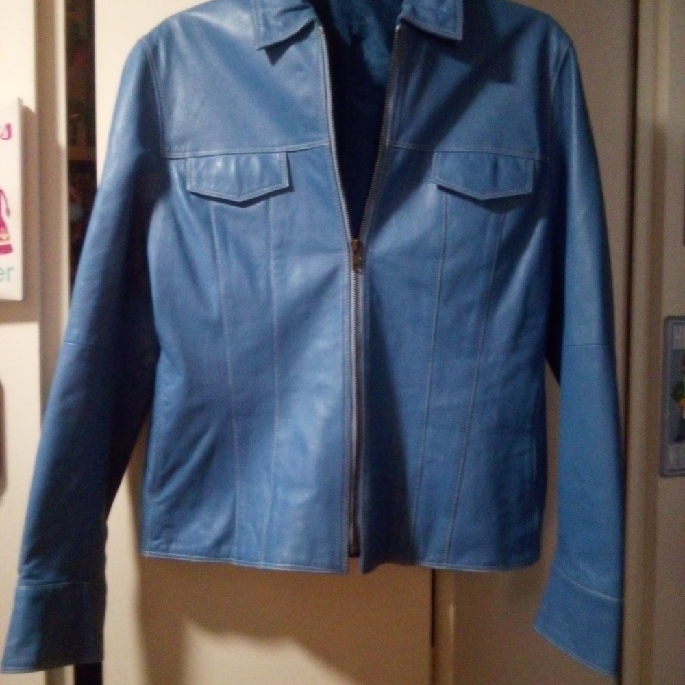 Blue Leather Jacket with Fitted Waist and Shirt Collar